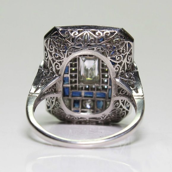 NEW Silver Blue Sapphire Diamond Art Deco Ring - Picture 4 of 4